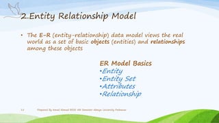 2.Entity Relationship Model
• The E-R (entity-relationship) data model views the real
world as a set of basic objects (entities) and relationships
among these objects
ER Model Basics
•Entity
•Entity Set
•Attributes
•Relationship
Prepared By Amad Ahmad BSSE 5th Semester Abasyn University Peshawar15
 