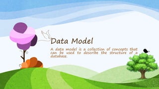 Data Model
A data model is a collection of concepts that
can be used to describe the structure of a
database.
 