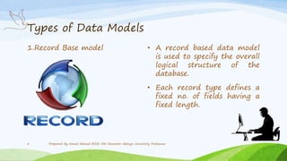 Types of Data Models
1.Record Base model • A record based data model
is used to specify the overall
logical structure of the
database.
• Each record type defines a
fixed no. of fields having a
fixed length.
Prepared By Amad Ahmad BSSE 5th Semester Abasyn University Peshawar8
 