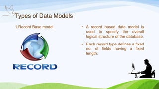 Types of Data Models
1.Record Base model • A record based data model is
used to specify the overall
logical structure of the database.
• Each record type defines a fixed
no. of fields having a fixed
length.
 