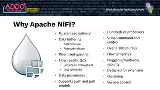 TRACK: MODERN INFRASTRUCTURE
• Guaranteed delivery
• Data buffering
- Backpressure
- Pressure release
• Prioritized queuing
• Flow specific QoS
- Latency vs. throughput
- Loss tolerance
• Data provenance
• Supports push and pull
models
• Hundreds of processors
• Visual command and
control
• Over a 300 sources
• Flow templates
• Pluggable/multi-role
security
• Designed for extension
• Clustering
• Version Control
Why Apache NiFi?
 