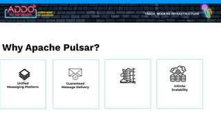 TRACK: MODERN INFRASTRUCTURE
Why Apache Pulsar?
Uniﬁed
Messaging Platform
Guaranteed
Message Delivery
Resiliency
Inﬁnite
Scalability
 
