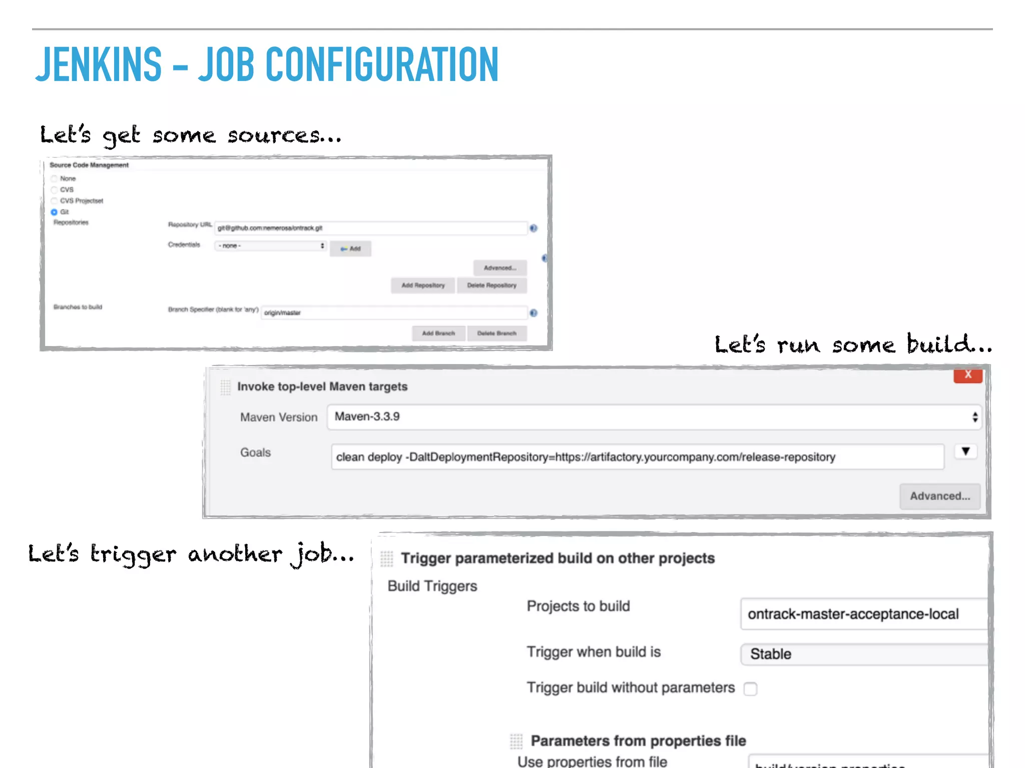 JENKINS - JOB CONFIGURATION
Let’s get some sources…
Let’s run some build…
Let’s trigger another job…
 