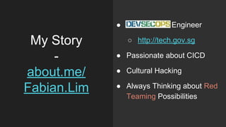 My Story
-
about.me/
Fabian.Lim
● Xxxxxxxxxx Engineer
○ http://tech.gov.sg
● Passionate about CICD
● Cultural Hacking
● Always Thinking about Red
Teaming Possibilities
 