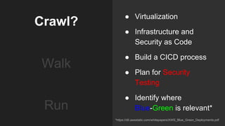 Crawl?
● Virtualization
● Infrastructure and
Security as Code
● Build a CICD process
● Plan for Security
Testing
● Identify where
Blue-Green is relevant*
*https://d0.awsstatic.com/whitepapers/AWS_Blue_Green_Deployments.pdf
Walk
Run
 