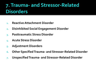 1. Reactive Attachment Disorder
2. Disinhibited Social Engagement Disorder
3. Posttraumatic Stress Disorder
4. Acute Stress Disorder
5. Adjustment Disorders
6. Other SpecifiedTrauma- and Stressor-Related Disorder
7. UnspecifiedTrauma- and Stressor-Related Disorder
 
