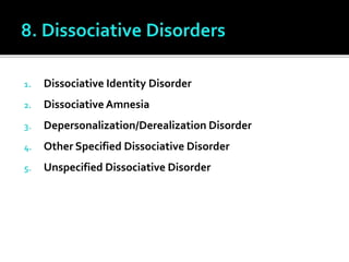 1. Dissociative Identity Disorder
2. Dissociative Amnesia
3. Depersonalization/Derealization Disorder
4. Other Specified Dissociative Disorder
5. Unspecified Dissociative Disorder
 