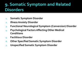 1. Somatic Symptom Disorder
2. Illness Anxiety Disorder
3. Functional Neurological Symptom (Conversion) Disorder
4. Psychological Factors Affecting Other Medical
Conditions
5. Factitious Disorder
6. Other Specified Somatic Symptom Disorder
7. Unspecified Somatic Symptom Disorder
 