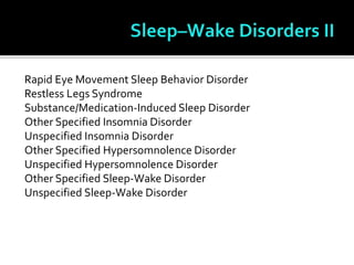 Rapid Eye Movement Sleep Behavior Disorder
Restless Legs Syndrome
Substance/Medication-Induced Sleep Disorder
Other Specified Insomnia Disorder
Unspecified Insomnia Disorder
Other Specified Hypersomnolence Disorder
Unspecified Hypersomnolence Disorder
Other Specified Sleep-Wake Disorder
Unspecified Sleep-Wake Disorder
 
