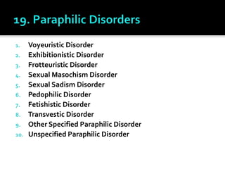 1. Voyeuristic Disorder
2. Exhibitionistic Disorder
3. Frotteuristic Disorder
4. Sexual Masochism Disorder
5. Sexual Sadism Disorder
6. Pedophilic Disorder
7. Fetishistic Disorder
8. Transvestic Disorder
9. Other Specified Paraphilic Disorder
10. Unspecified Paraphilic Disorder
 