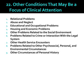 1. Relational Problems
2. Abuse and Neglect
3. Educational and Occupational Problems
4. Housing and Economic Problems
5. Other Problems Related to the Social Environment
6. Problems Related to Crime or Interaction With the Legal
System
7. Other Health Service Encounters
8. Problems Related to Other Psychosocial, Personal, and
Environmental Circumstances
9. Other Circumstances of Personal History
 