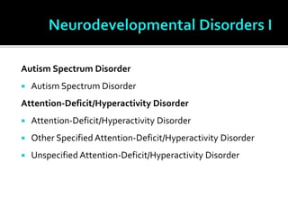 Autism Spectrum Disorder
 Autism Spectrum Disorder
Attention-Deficit/Hyperactivity Disorder
 Attention-Deficit/Hyperactivity Disorder
 Other Specified Attention-Deficit/Hyperactivity Disorder
 Unspecified Attention-Deficit/Hyperactivity Disorder
 