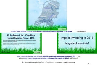 https://www.slideshare.net/alcanne/impact-investing-nieuws-jaaroverzicht-2016 (2914 views)
https://www.slideshare.net/alcanne/impact-investing-stellingen-en-top10-2017 (700
views)https://www.slideshare.net/alcanne/impact-investing-in-2017 (827 views)
Drs Alcanne J Houtzager MA, Tools & Thoughtpieces on Inclusive² Impact Investing
p. 1
 