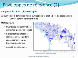 Enveloppes de référence (2)
 Agence de l’Eau Loire-Bretagne
Objectif : délimiter des secteurs sur lesquels la probabilité de présence de
           ZH est particulièrement forte
Méthodologie :
    Inventaires des délimitations
     existantes (périmètre : SAGE)
    Bibliographie protections
     réglementaires, « porter-à-
     connaissance », autres
     inventaires nationaux
    Analyse topographique

                                            Source: AELB, 2010. Guide d’inventaire des zones humides dans le cadre de
                                            l’élaboration ou de la révision des Sage

                              - 12ème CGLE, 26 janvier 2011, atelier 1 -                                         10
 