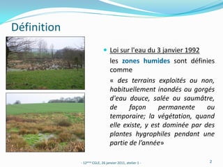 Définition
                             Loi sur l'eau du 3 janvier 1992
                                 les zones humides sont définies
                                 comme
                                 « des terrains exploités ou non,
                                 habituellement inondés ou gorgés
                                 d'eau douce, salée ou saumâtre,
                                 de     façon     permanente     ou
                                 temporaire; la végétation, quand
                                 elle existe, y est dominée par des
                                 plantes hygrophiles pendant une
                                 partie de l’année»

             - 12ème CGLE, 26 janvier 2011, atelier 1 -          2
 