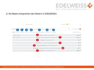 Harenberg Kommunikation Verlags- und Medien GmbH & Co. KG • Königswall 21 • D-44137 Dortmund | www.edelweiss-de.com
6. Die Boxen entsprechen den Reitern in EDELWEISS+.
1
1
2
2 3
3
4
4 5
5
6
6 7
7
 
