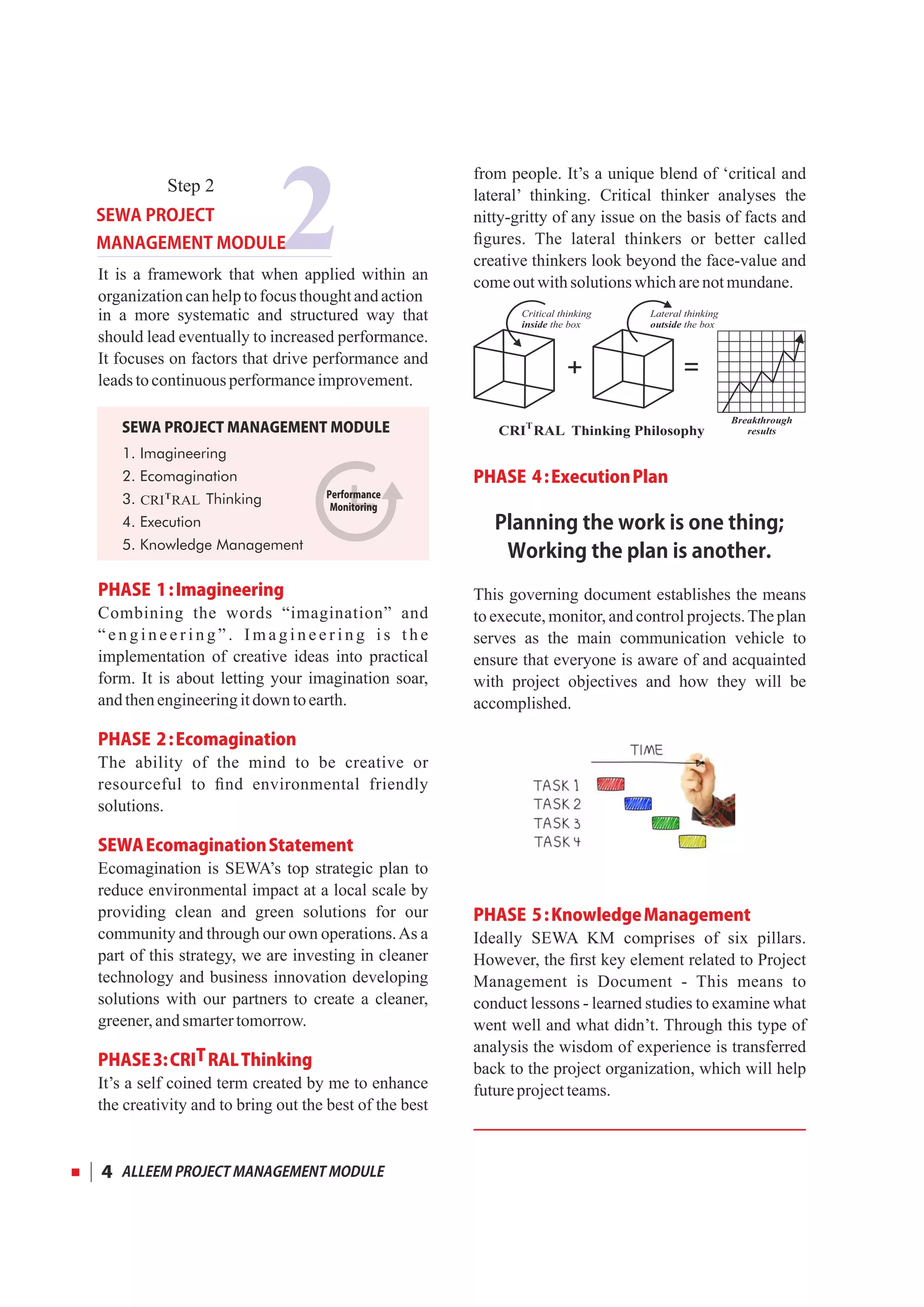 It is a framework that when applied within an
organizationcanhelptofocusthoughtandaction
in a more systematic and structured way that
should lead eventually to increased performance.
It focuses on factors that drive performance and
leadstocontinuousperformanceimprovement.
PHASE1:Imagineering
Combining the words “imagination” and
“ e n g i n e e r i n g ” . I m a g i n e e r i n g i s t h e
implementation of creative ideas into practical
form. It is about letting your imagination soar,
andthenengineeringitdown toearth.
PHASE2:Ecomagination
The ability of the mind to be creative or
resourceful to ﬁnd environmental friendly
solutions.
SEWAEcomaginationStatement
Ecomagination is SEWA’s top strategic plan to
reduce environmental impact at a local scale by
providing clean and green solutions for our
community and through our own operations.As a
part of this strategy, we are investing in cleaner
technology and business innovation developing
solutions with our partners to create a cleaner,
greener,andsmartertomorrow.
TPHASE3:CRI RALThinking
It’s a self coined term created by me to enhance
the creativity and to bring out the best of the best
from people. It’s a unique blend of ‘critical and
lateral’ thinking. Critical thinker analyses the
nitty-gritty of any issue on the basis of facts and
ﬁgures. The lateral thinkers or better called
creative thinkers look beyond the face-value and
comeoutwithsolutionswhicharenotmundane.
PHASE4:ExecutionPlan
This governing document establishes the means
to execute, monitor, and control projects.The plan
serves as the main communication vehicle to
ensure that everyone is aware of and acquainted
with project objectives and how they will be
accomplished.
PHASE5:KnowledgeManagement
Ideally SEWA KM comprises of six pillars.
However, the ﬁrst key element related to Project
Management is Document - This means to
conduct lessons - learned studies to examine what
went well and what didn’t. Through this type of
analysis the wisdom of experience is transferred
back to the project organization, which will help
futureprojectteams.
4
2Step 2
SEWAPROJECT
MANAGEMENTMODULE
Performance
Monitoring
SEWAPROJECTMANAGEMENTMODULE
1. Imagineering
2. Ecomagination
3. Thinking
4. Execution
5. Knowledge Management
CRI RALT
CRI RAL Thinking PhilosophyT
+ =
Critical thinking
inside the box
Lateral thinking
outside the box
Breakthrough
results
Planningtheworkisonething;
Workingtheplanisanother.
ALLEEMPROJECTMANAGEMENTMODULE
 