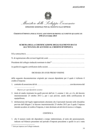 Allegato schemi modulistca Decreto 9/08/14 credito d'imposta assunzione ricercatori