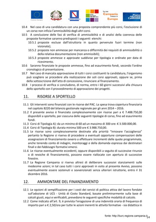 14
10.4 Nel caso di una candidatura con una proposta comprendente più corsi, l’esclusione di
un corso non inficia l’ammissibilità degli altri corsi.
10.5 A conclusione delle fasi di verifica di ammissibilità e di analisi della coerenza delle
proposte formative saranno predisposti i seguenti elenchi:
10.5.1 proposte escluse dall’istruttoria in quanto pervenute fuori termine (non
visionate);
10.5.2 proposte non ammesse per mancanza o difformità dei requisiti di ammissibilità o
della relativa documentazione (non ammissibili);
10.5.3 proposte ammesse e approvate suddivise per tipologia e ordinate per data di
ricevimento.
10.6 Saranno finanziate le proposte ammesse, fino ad esaurimento fondi, secondo l’ordine
cronologico di presentazione.
10.7 Nel caso di mancata approvazione di tutti i corsi costituenti la candidatura, l’organismo
può scegliere se procedere alla realizzazione dei soli corsi approvati, oppure se, prima
della sottoscrizione dell’atto di concessione, rinunciare al finanziamento.
10.8 I processi di verifica si concludono, di norma, entro i 60 giorni successivi alla chiusura
dello sportello con il provvedimento di approvazione dei progetti.
11. RISORSE A SPORTELLO
11.1 Gli interventi sono finanziati con le risorse del PAC. La spesa trova copertura finanziaria
nel capitolo 8220 del bilancio gestionale regionale per gli anni 2014 – 2016.
11.2 Il presente avviso è finanziato complessivamente con risorse pari a € 7.488.750,00
disponibili a sportello, per ciascuna delle seguenti tipologie di corso, fino ad esaurimento
fondi.
11.3 Corsi di Tipologia A): da un minimo di 60 ad un massimo di 300 ore: € 3.500.000,00.
11.4 Corsi di Tipologia B): durata minima 500 ore € 3.988.750,00.
11.5 Le risorse sono complessivamente destinate alla priorità “innovare l’accoglienza”
pertanto la Regione si riserva di procedere a eventuali opportune compensazioni delle
assegnazioni di finanziamento ovvero a effettuare incrementi delle quote programmate,
anche tenendo conto di indagini, monitoraggi e della domanda espressa dai destinatari
finali e dei fabbisogni formativi emersi.
11.6 Le risorse eventualmente eccedenti, oppure disponibili a seguito di successive rinunce
o di revoche di finanziamento, possono essere riallocate con apertura di successive
finestre.
11.7 La Regione Campania si riserva altresì di deliberare successivi stanziamenti sulle
medesime azioni; in tal caso tutti i corsi approvati in esito al presente Avviso, possono
eventualmente essere sostenuti e sovvenzionati senza ulteriori istruttorie, entro il 31
dicembre 2016.
12. AMMONTARE DEL FINANZIAMENTO
12.1 Le opzioni di semplificazione per i costi dei servizi di politica attiva del lavoro fondate
sull’adozione di UCS - Unità di Costo Standard, basate preliminarmente sulla base di
calcoli giusti, equi e verificabili, prevedono le seguenti specifiche modalità di calcolo.
12.2 Come indicato all’art. 9, è prevista l’erogazione di una indennità oraria di frequenza di
importo pari a € 2,50/ora per tutte le azioni inerenti le attività formative - sia didattica in
fonte: http://burc.regione.campania.it
 