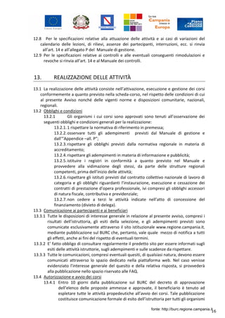 16
12.8 Per le specificazioni relative alla attuazione delle attività e ai casi di variazioni del
calendario delle lezioni, di rilievi, assenze dei partecipanti, interruzioni, ecc. si rinvia
all’art. 14 e all’allegato P del Manuale di gestione.
12.9 Per le specificazioni relative ai controlli e alle eventuali conseguenti rimodulazioni e
revoche si rinvia all’art. 14 e al Manuale dei controlli.
13. REALIZZAZIONE DELLE ATTIVITÀ
13.1 La realizzazione delle attività consiste nell’attivazione, esecuzione e gestione dei corsi
conformemente a quanto previsto nella scheda-corso, nel rispetto delle condizioni di cui
al presente Avviso nonché delle vigenti norme e disposizioni comunitarie, nazionali,
regionali.
13.2 Obblighi e condizioni
13.2.1 Gli organismi i cui corsi sono approvati sono tenuti all’osservazione dei
seguenti obblighi e condizioni generali per la realizzazione:
13.2.1.1 rispettare la normativa di riferimento in premessa;
13.2.2.osservare tutti gli adempimenti previsti dal Manuale di gestione e
dall’”Appendice –all. P”;
13.2.3.rispettare gli obblighi previsti dalla normativa regionale in materia di
accreditamento;
13.2.4.rispettare gli adempimenti in materia di informazione e pubblicità;
13.2.5.istituire i registri in conformità a quanto previsto nel Manuale e
provvedere alla vidimazione degli stessi, da parte delle strutture regionali
competenti, prima dell’inizio delle attività;
13.2.6.rispettare gli istituti previsti dal contratto collettivo nazionale di lavoro di
categoria e gli obblighi riguardanti l’instaurazione, esecuzione e cessazione dei
contratti di prestazione d’opera professionale, ivi compresi gli obblighi accessori
di natura fiscale, contributiva e previdenziale;
13.2.7.non cedere a terzi le attività indicate nell’atto di concessione del
finanziamento (divieto di delega).
13.3 Comunicazione ai partecipanti e ai beneficiari
13.3.1 Tutte le disposizioni di interesse generale in relazione al presente avviso, compresi i
risultati dell’istruttoria, gli esiti della selezione, e gli adempimenti previsti sono
comunicate esclusivamente attraverso il sito istituzionale www.regione.campania.it,
mediante pubblicazione sul BURC che, pertanto, vale quale mezzo di notifica a tutti
gli effetti, anche ai fini del rispetto di eventuali termini.
13.3.2 E’ fatto obbligo di consultare regolarmente il predetto sito per essere informati sugli
esiti delle attività istruttorie, sugli adempimenti e sulle scadenze da rispettare.
13.3.3 Tutte le comunicazioni, compresi eventuali quesiti, di qualsiasi natura, devono essere
comunicati attraverso lo spazio dedicato nella piattaforma web. Nel caso venisse
evidenziato l’interesse generale del quesito e della relativa risposta, si provvederà
alla pubblicazione nello spazio riservato alle FAQ.
13.4 Autorizzazione e avvio dei corsi
13.4.1 Entro 10 giorni dalla pubblicazione sul BURC del decreto di approvazione
dell’elenco delle proposte ammesse e approvate, il beneficiario è tenuto ad
espletare tutte le attività propedeutiche all’avvio dei corsi. Tale pubblicazione
costituisce comunicazione formale di esito dell’istruttoria per tutti gli organismi
fonte: http://burc.regione.campania.it
 