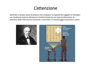 L’attenzione
Sottende un’ampia classe di processi che modulano la capacità dei soggetti di interagire 
con l’ambiente esterno attraverso il mantenimento di uno stato di attivazione, la 
selezione delle informazioni sensoriali, il controllo e il monitoraggio di pensieri e azioni
 