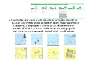 7‐16 anni: Questo test valuta la capacità di formulare concetti di 
base, di trasformare questi concetti in azioni (Raggruppamento 
in categorie) e di spostare il criterio di classificazione da un 
concetto all’altro. Il bambino divide le carte in due gruppi di 
quattro carte ciascuno usando vari criteri di classificazione. 
 