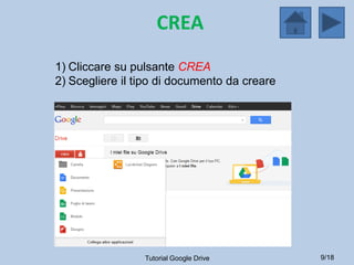 CREA
1) Cliccare su pulsante CREA
2) Scegliere il tipo di documento da creare




                 Tutorial Google Drive        9/18
 