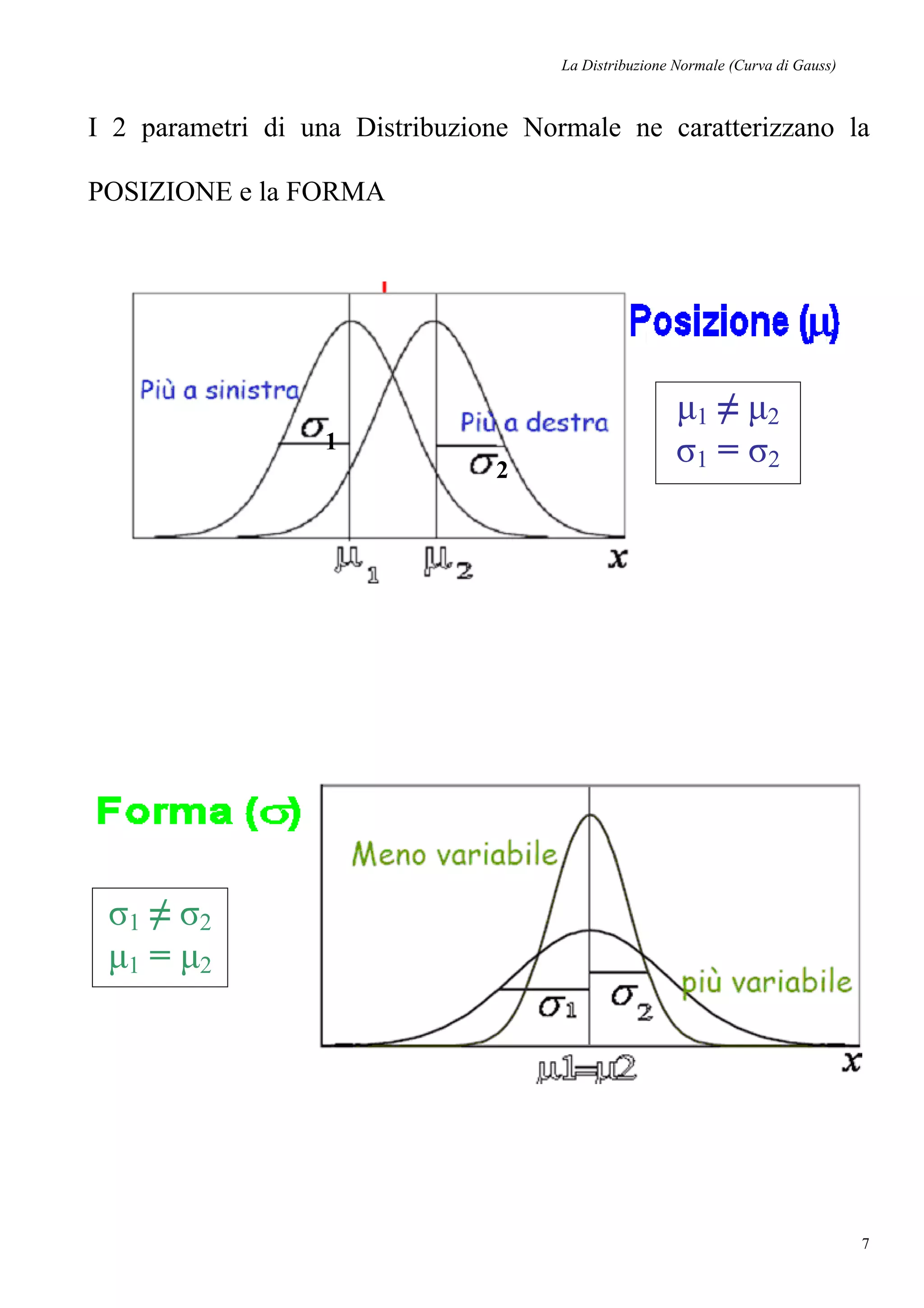La Distribuzione Normale (Curva di Gauss)
7
I 2 parametri di una Distribuzione Normale ne caratterizzano la
POSIZIONE e la FORMA
µ1 ≠ µ2
σ1 = σ2
1
2
σ1 ≠ σ2
µ1 = µ2
 
