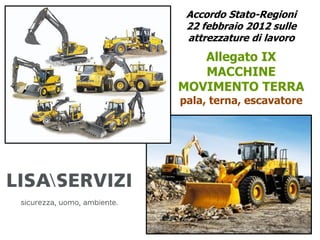 Accordo Stato-Regioni
22 febbraio 2012 sulle
attrezzature di lavoro
Allegato IX
MACCHINE
MOVIMENTO TERRA
pala, terna, escavatore
 