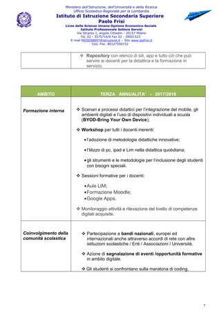 Ministero dell’Istruzione, dell’Università e della Ricerca
Ufficio Scolastico Regionale per la Lombardia
Istituto di Istruzione Secondaria Superiore
Paolo Frisi
Liceo delle Scienze Umane Opzione Economico-Sociale
Istituto Professionale Settore Servizi
Via Otranto 1, angolo Cittadini - 20157 Milano
Tel. 02 - 3575716/8 Fax 02 - 39001523
E-mail MIIS058007@istruzione.it – Sito www.ipsfrisi.it
Cod. Fisc. 80127550152
 Repository con elenco di siti, app e tutto ciò che può
servire ai docenti per la didattica e la formazione in
servizio.
AMBITO TERZA ANNUALITA’ - 2017/2018
Formazione interna  Scenari e processi didattici per l’integrazione del mobile, gli
ambienti digitali e l’uso di dispositivi individuali a scuola
(BYOD-Bring Your Own Device);
 Workshop per tutti i docenti inerenti:
•l’adozione di metodologie didattiche innovative;
•l’tilizzo di pc, ipad e Lim nella didattica quotidiana;
•gli strumenti e le metodologie per l’inclusione degli studenti
con bisogni speciali.
 Sessioni formative per i docenti:
•Aule LIM;
•Formazione Moodle;
•Google Apps.
 Monitoraggio attività e rilevazione del livello di competenze
digitali acquisite.
Coinvolgimento della
comunità scolastica
 Partecipazione a bandi nazionali, europei ed
internazionali anche attraverso accordi di rete con altre
istituzioni scolastiche / Enti / Associazioni / Università.
 Azione di segnalazione di eventi /opportunità formative
in ambito digitale.
 Gli studenti si confrontano sulla maratona di coding,
7
 
