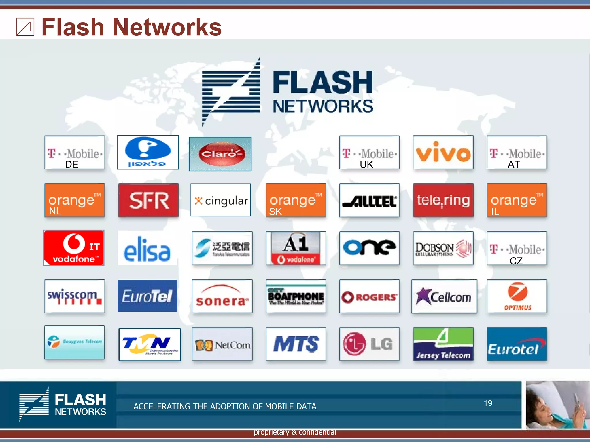 Flash Networks




     DE                                                               UK         AT



NL                                           SK                             IL


          IT
                                                                                 CZ




               ACCELERATING THE ADOPTION OF MOBILE DATA                    19


                                         proprietary & confidential
 