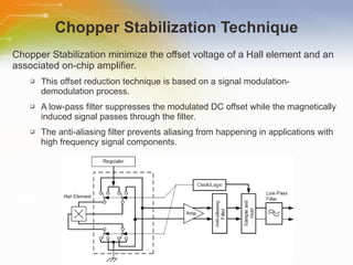 Chopper Stabilization Technique Chopper Stabilization minimize the offset voltage of a Hall element and an associated on-chip amplifier. This offset reduction technique is based on a signal modulation-demodulation process. A low-pass filter suppresses the modulated DC offset while the magnetically induced signal passes through the filter. The anti-aliasing filter prevents aliasing from happening in applications with high frequency signal components. 