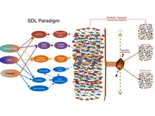Population,
Community
Time
Pt.Pt.Pt.Pt.
SDL Paradigm:
Pt.Pt.Pt.Pt.
Diagnosis
Codes
Disease
Classification
OMIM,
GONG
Genetic
Profile
Procedure
CodeHCPC
Manufacturers
PharmKGB
Drug
Classification
Drug
Codes
DrugBank
ClinicalTrials
CER
PubMed
Analytic Tapestry
(closed loop analytics)
 