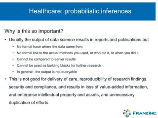 Healthcare: probabilistic inferences
Why is this so important?
• Usually the output of data science results in reports and publications but
• No formal trace where the data came from
• No formal link to the actual methods you used, or who did it, or when you did it
• Cannot be compared to earlier results
• Cannot be used as building blocks for further research
• In general : the output is not queryable
• This is not good for delivery of care, reproducibility of research findings,
security and compliance, and results in loss of value-added information,
and enterprise intellectual property and assets, and unnecessary
duplication of efforts
 