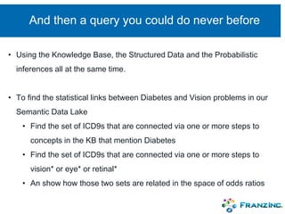 And then a query you could do never before
• Using the Knowledge Base, the Structured Data and the Probabilistic
inferences all at the same time.
• To find the statistical links between Diabetes and Vision problems in our
Semantic Data Lake
• Find the set of ICD9s that are connected via one or more steps to
concepts in the KB that mention Diabetes
• Find the set of ICD9s that are connected via one or more steps to
vision* or eye* or retinal*
• An show how those two sets are related in the space of odds ratios
 