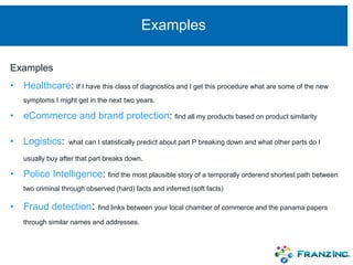 Examples
Examples
• Healthcare: If I have this class of diagnostics and I get this procedure what are some of the new
symptoms I might get in the next two years.
• eCommerce and brand protection: find all my products based on product similarity
• Logistics: what can I statistically predict about part P breaking down and what other parts do I
usually buy after that part breaks down.
• Police Intelligence: find the most plausible story of a temporally orderend shortest path between
two criminal through observed (hard) facts and inferred (soft facts)
• Fraud detection: find links between your local chamber of commerce and the panama papers
through similar names and addresses.
 