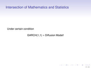Intersection of Mathematics and Statistics

Under certain condition
GARCH(1,1) ≈ Diffusion Model!

31 / 32

 