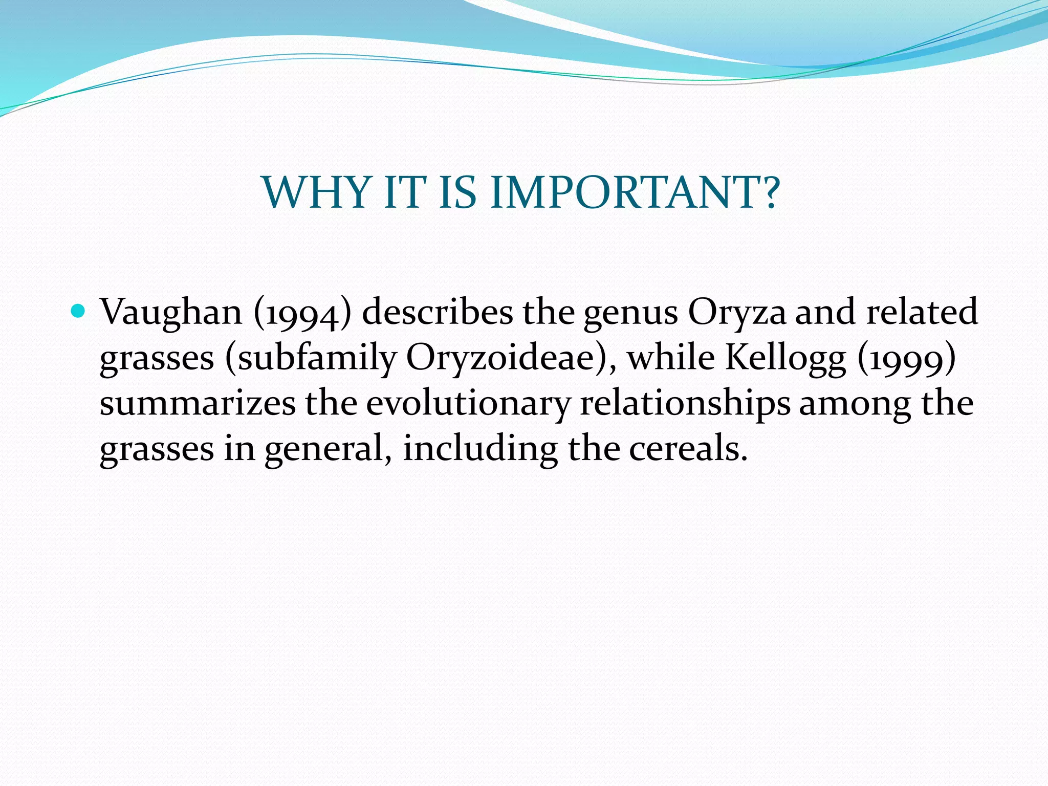 WHY IT IS IMPORTANT?
 Vaughan (1994) describes the genus Oryza and related
grasses (subfamily Oryzoideae), while Kellogg (1999)
summarizes the evolutionary relationships among the
grasses in general, including the cereals.
 