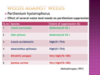  Parthenium


hysterophorus

Effect of several waste land weeds on parthenium suppression

Sl.no Species

Extent of suppresssion (%)

1

Cassia auriculata

Moderate(26-50 )

2

Sida spinosa

Moderate(26-50 )

3

Cassia occidentalis

High(51-754)

4

Amaranthus spiinosus

High(51-754)

5

Mirabilis jalappa

Very high(76-100)

6

Ipomea carnea

Very high(76-100)
(Mahadevappa,1997)

 