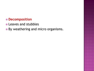  Decomposition
 Leaves

and stubbles
 By weathering and micro organisms.

 