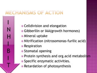 I
N
H
I
B
I
T

 Celldivision

and elongation
 Gibberllin or IAA(growth hormones)
 Mineral uptake
 Nitrification (nitrosomonas-furilic acid)
 Respiration
 Stomatal opening
 Protein synthesis and org.acid metabolism
 Specific enzymatic activities.
 Retardation of photosynthesis

 