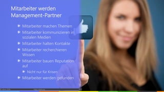 Mitarbeiter machen Themen
Mitarbeiter kommunizieren in
sozialen Medien
Mitarbeiter halten Kontakte
Mitarbeiter recherchieren
Wissen
Mitarbeiter bauen Reputation
auf
Nicht nur für Krisen
Mitarbeiter werden gefunden
© vibrio 2016 http://vibrio.eu 14
Mitarbeiter werden
Management-Partner
 