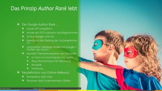 Der Google Author Rank …
wurde 2011 eingeführt
wurde seit 2013 sukzessiv zurückgenommen
ist laut Google nicht tot
beeinflusst das Ranking der Suchergebnisse
(?)
verknüpft(e) beliebige Inhalte mit Google+-
Profilen des Autors
beurteilt Themenkompetenz von Personen
an Hand von Social Signals (+1s, Twitter, …)
(Blog-)Kommentaren inkl. Bewertung
Aktualität
Verlinkung
Neudefinition von Online-Relevanz
Kompetenz statt Links
Personen statt (Unternehmens-)Seiten
© vibrio 2016 http://vibrio.eu 4
Das Prinzip Author Rank lebt
 