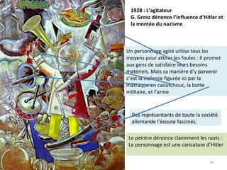 14
1928 : L’agitateur
G. Grosz dénonce l’influence d’Hitler et
la montée du nazisme
Un personnage agité utilise tous les
moyens pour attirer les foules : Il promet
aux gens de satisfaire leurs besoins
matériels. Mais sa manière d’y parvenir
c’est la violence figurée ici par la
matraque en caoutchouc, la botte
militaire, et l’arme
Des représentants de toute la société
allemande l’écoute fascinés.
Le peintre dénonce clairement les nazis :
Le personnage est une caricature d’Hitler
 