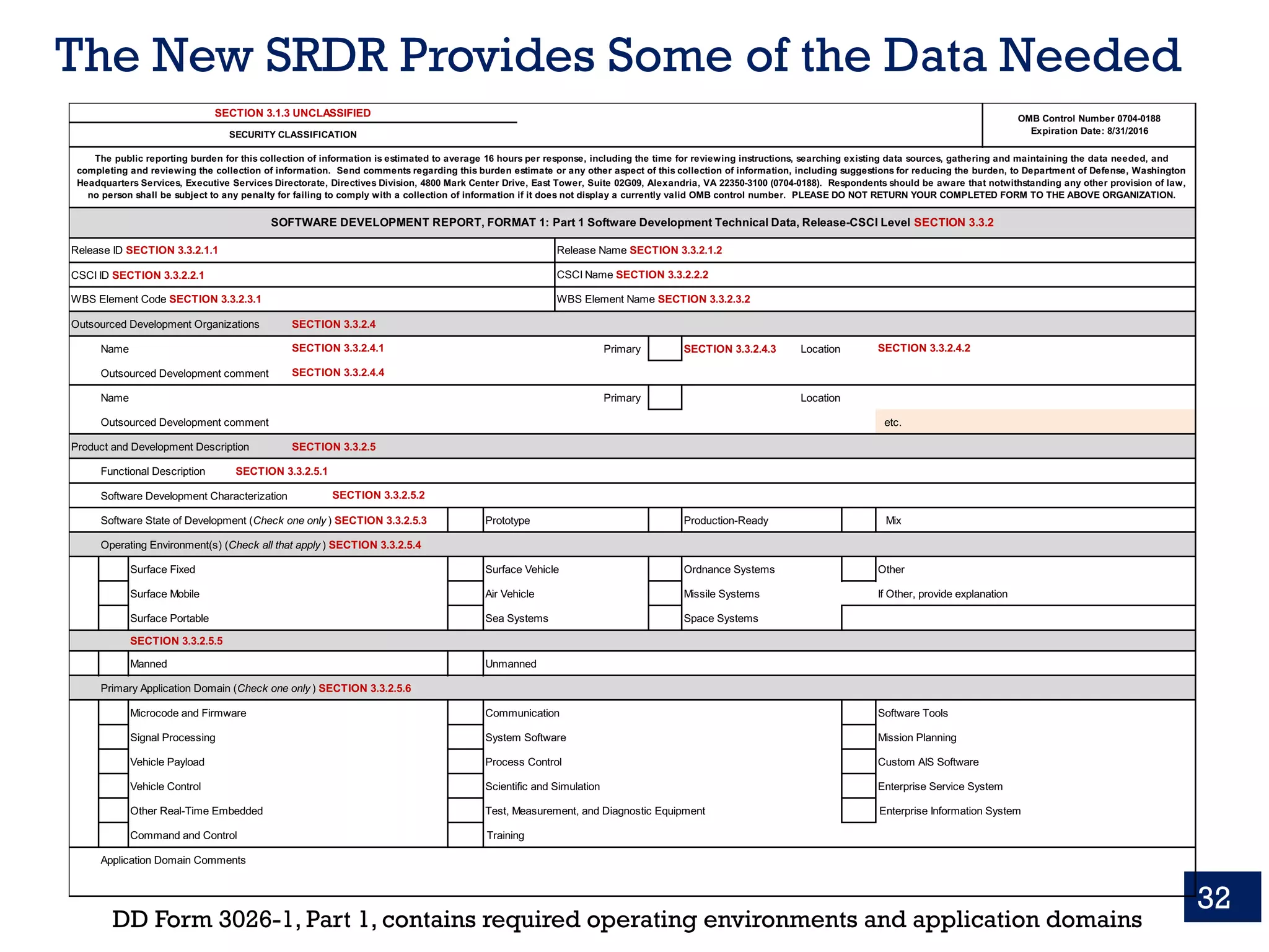 The New SRDR Provides Some of the Data Needed
32
CSCI ID SECTION 3.3.2.2.1
Outsourced Development Organizations SECTION 3.3.2.4
Name Primary SECTION 3.3.2.4.3
Outsourced Development comment
Name Primary
Outsourced Development comment etc.
Product and Development Description SECTION 3.3.2.5
Functional Description SECTION 3.3.2.5.1
Software Development Characterization
Software State of Development (Check one only ) SECTION 3.3.2.5.3 Prototype Production-Ready Mix
Operating Environment(s) (Check all that apply ) SECTION 3.3.2.5.4
Surface Fixed Surface Vehicle Ordnance Systems Other
Surface Mobile Air Vehicle Missile Systems If Other, provide explanation
Surface Portable Sea Systems Space Systems
SECTION 3.3.2.5.5
Manned Unmanned
Primary Application Domain (Check one only ) SECTION 3.3.2.5.6
Microcode and Firmware Communication Software Tools
Signal Processing System Software Mission Planning
Vehicle Payload Process Control Custom AIS Software
Vehicle Control Scientific and Simulation Enterprise Service System
Other Real-Time Embedded Test, Measurement, and Diagnostic Equipment Enterprise Information System
Command and Control Training
Application Domain Comments
Location
Location
SECTION 3.3.2.4.2
SECTION 3.3.2.5.2
SECTION 3.1.3 UNCLASSIFIED
SECURITY CLASSIFICATION
SOFTWARE DEVELOPMENT REPORT, FORMAT 1: Part 1 Software Development Technical Data, Release-CSCI Level SECTION 3.3.2
WBS Element Name SECTION 3.3.2.3.2WBS Element Code SECTION 3.3.2.3.1
Release ID SECTION 3.3.2.1.1 Release Name SECTION 3.3.2.1.2
CSCI Name SECTION 3.3.2.2.2
OMB Control Number 0704-0188
Expiration Date: 8/31/2016
The public reporting burden for this collection of information is estimated to average 16 hours per response, including the time for reviewing instructions, searching existing data sources, gathering and maintaining the data needed, and
completing and reviewing the collection of information. Send comments regarding this burden estimate or any other aspect of this collection of information, including suggestions for reducing the burden, to Department of Defense, Washington
Headquarters Services, Executive Services Directorate, Directives Division, 4800 Mark Center Drive, East Tower, Suite 02G09, Alexandria, VA 22350-3100 (0704-0188). Respondents should be aware that notwithstanding any other provision of law,
no person shall be subject to any penalty for failing to comply with a collection of information if it does not display a currently valid OMB control number. PLEASE DO NOT RETURN YOUR COMPLETED FORM TO THE ABOVE ORGANIZATION.
SECTION 3.3.2.4.1
SECTION 3.3.2.4.4
DD Form 3026-1, Part 1, contains required operating environments and application domains
 