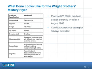 14
What Done Looks Like for the Wright Brothers’
Military Flyer
• Propose $25,000 to build and
deliver a flyer by 1st week in
August 1908
• Conduct Acceptance testing for
30 days thereafter
Contract
Specification
Value/Goal
Passenger # Two persons
Payload 350 lbs
Range 125 miles
Air Speed 40 mph
Duration Aloft One hour
Maneuverability
Be steered in all directions
w/o difficulty and in perfect
control at all times
Ease of Use
An intelligentman become
proficientwithin a
reasonable length oftime
Logistics
Assembled and
disassembled within one
hour and packed into an
Army wagon
TC
 