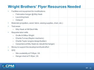 20
Wright Brothers’ Flyer Resources Needed
• Facilities and equipment for modifications
– Fabrication hangar @ Kitty Hawk
– Launching track
– Catapult
• Materials (propellers, wood, fabric, sewing supplies, chain, etc.)
• Test areas
– Kitty Hawk at Kill Devil Hills
• Requisite labor skills
– Orville & Wilbur Wright
– Charlie Furnas (Dayton mechanic)
– Charlie Taylor (engine design/builder)
– Carpenters at Kitty Hawk (to rebuild the hangar)
• Money to support the development/build effort
• GFE
– Site availability at Ft Myer, VA
– Hangar shed at Ft Myer, VA
RP
 