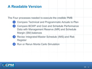 41
A Readable Version
The Four processes needed to execute the credible PMB
❶ Compare Technical and Programmatic Actuals to Plan
❷ Compare BCWP and Cost and Schedule Performance
Data with Management Reserve (MR) and Schedule
Margin (SM) balances
❸ Revise Integrated Master Schedule (IMS) and Risk
Register
❹ Run or Rerun Monte Carlo Simulation
GA
 