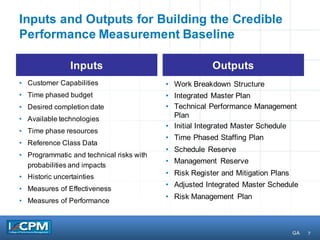 7
Inputs and Outputs for Building the Credible
Performance Measurement Baseline
• Customer Capabilities
• Time phased budget
• Desired completion date
• Available technologies
• Time phase resources
• Reference Class Data
• Programmatic and technical risks with
probabilities and impacts
• Historic uncertainties
• Measures of Effectiveness
• Measures of Performance
• Work Breakdown Structure
• Integrated Master Plan
• Technical Performance Management
Plan
• Initial Integrated Master Schedule
• Time Phased Staffing Plan
• Schedule Reserve
• Management Reserve
• Risk Register and Mitigation Plans
• Adjusted Integrated Master Schedule
• Risk Management Plan
Inputs Outputs
GA
 