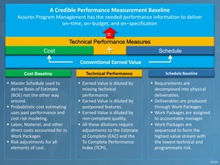 A Credible Performance Measurement Baseline
Assures Program Management has the needed performance information to deliver
on‒time, on‒budget, and on‒specification
Technical Performance Measures
Cost Schedule
Conventional Earned Value
+
=
§ Master Schedule used to
derive Basis of Estimate
(BOE) not the other way
around.
§ Probabilistic cost estimating
uses past performance and
cost risk modeling.
§ Labor, Materiel, and other
direct costs accounted for in
Work Packages
§ Risk adjustments for all
elements of cost.
Cost Baseline
§ Earned Value is diluted by
missing technical
performance.
§ Earned Value is diluted by
postponed features.
§ Earned Value is diluted by
non compliant quality.
§ All these dilutions require
adjustments to the Estimate
at Complete (EAC) and the
To Complete Performance
Index (TCPI).
Technical Performance
§ Requirements are
decomposed into physical
deliverables.
§ Deliverables are produced
through Work Packages.
§ Work Packages are assigned
to accountable manager.
§ Work Packages are
sequenced to form the
highest value stream with
the lowest technical and
programmatic risk.
Schedule Baseline
33/34
 